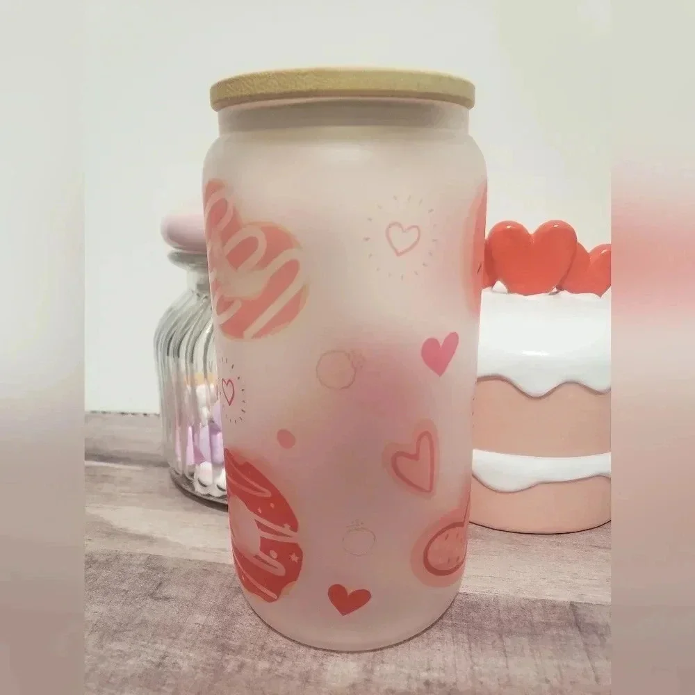 16oz donut hearts frosted glass‎ custom cup with lid and straw, valentines day